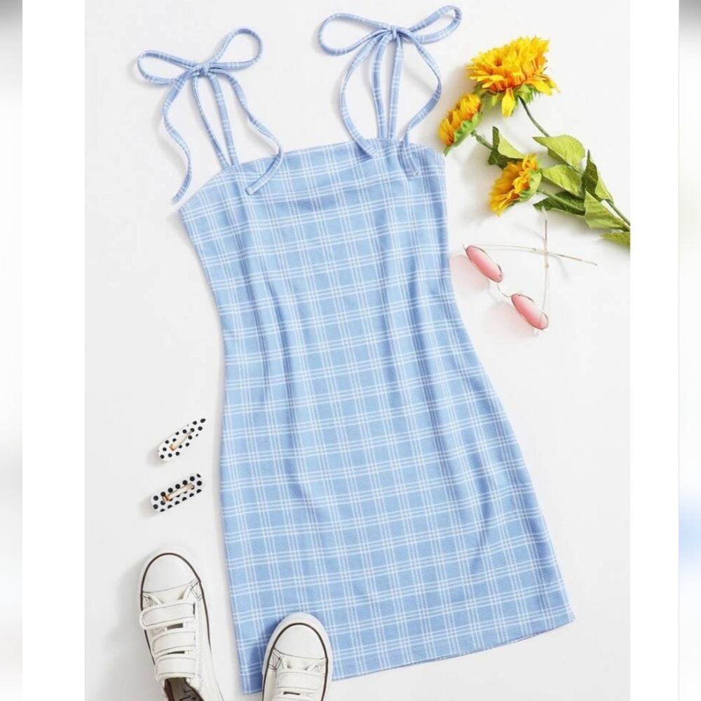 SHEIN Blue Knot Strap Plaid Mini Bodycon Dress Summer Small 4 Picnic Casual
